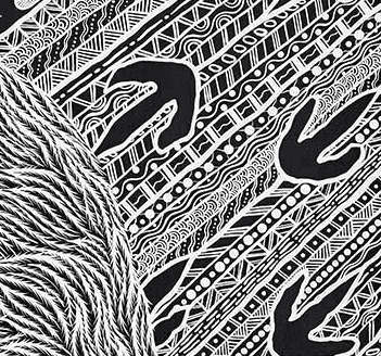 Black-and-white line artwork with woven textures, patterned linework and bird-like forms.