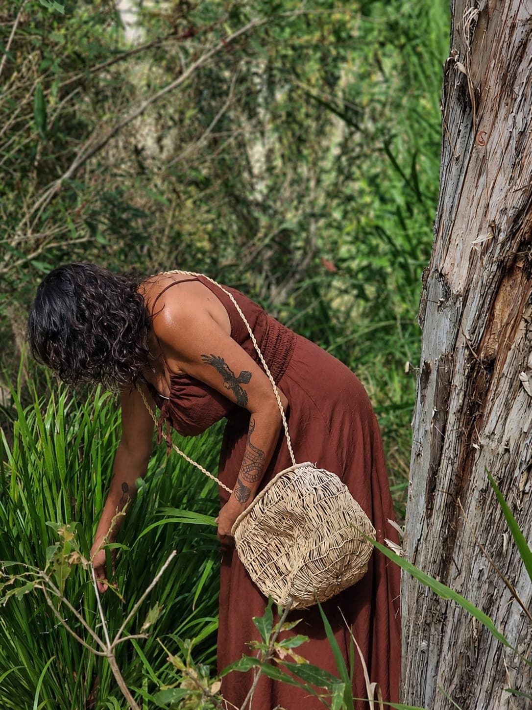 Julie gathering natural fibres beside a paperbark tree on Country.