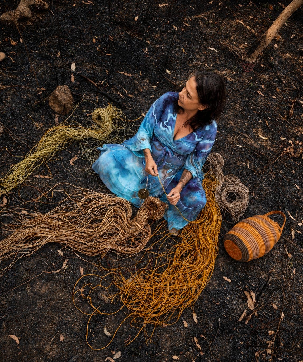 Julie weaving among prepared natural fibres, photographed from above.